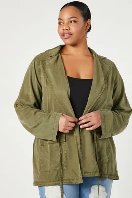 Women's Twill Tie-Waist Shacket in Olive, 1X