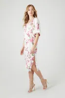 Women's Satin Lace-Trim Floral Midi Dress in Ivory/Pink Small