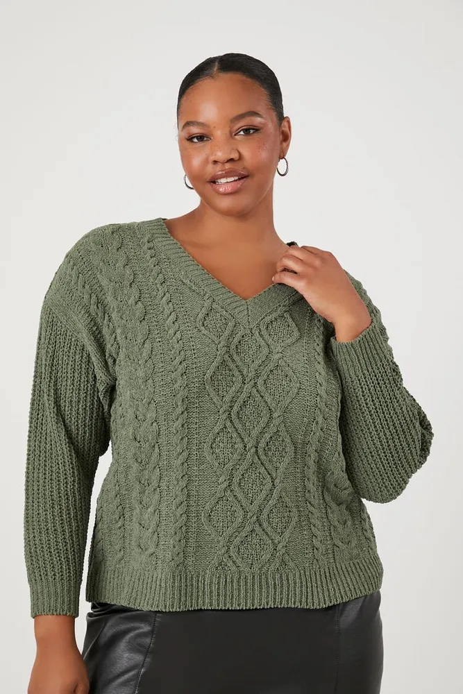 Women's Cable Knit Sweater in Olive, 2X