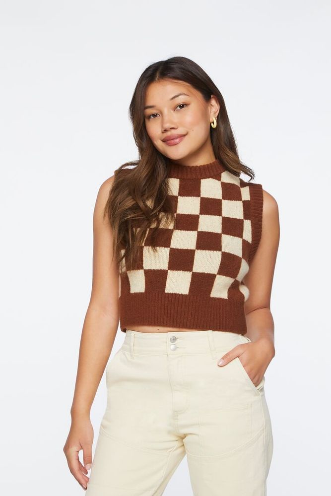 Forever 21 Women's Checkered Cropped Sweater Vest in Sand/Brown Small |  Connecticut Post Mall