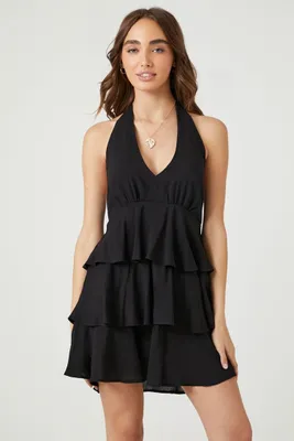 Women's Flounce Halter Mini Dress in Black Small