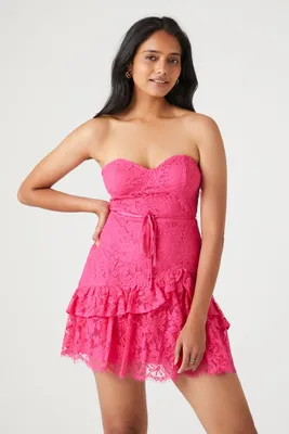 Women's Lace Sweetheart Ruffle-Trim Dress in Hot Pink Small