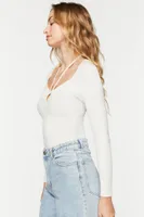 Women's Halter Cutout Long-Sleeve Bodysuit in Ivory Medium