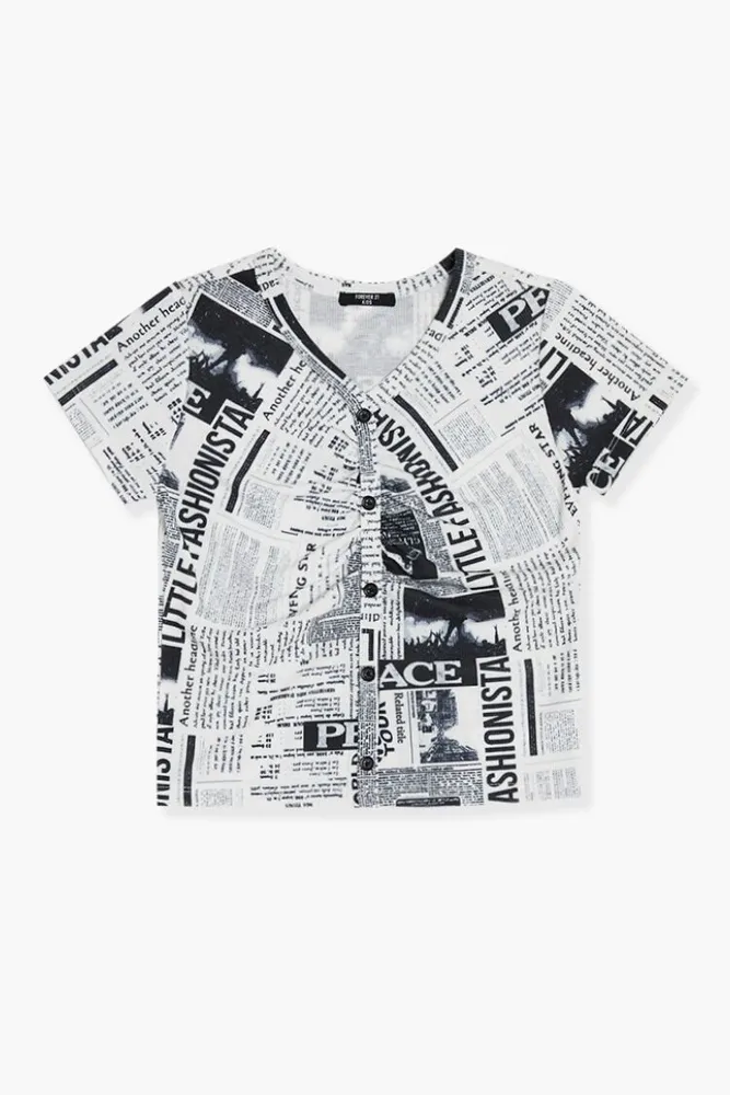 Girls Newspaper Print T-Shirt (Kids) in White, 5/6