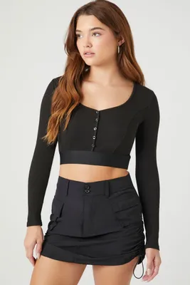 Women's Ribbed Button-Front Crop Top in Black, XL