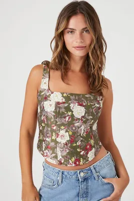 Women's Jacquard Floral Print Bustier Crop Top in Olive Small