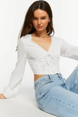 Women's Lace-Up Seamed Crop Top in White Large