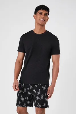 Men Floral Line Art Drawstring Shorts in Black Large
