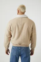 Men Faux Shearling-Trim Trucker Jacket in Taupe Medium