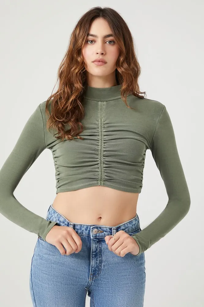 Forever 21 Women's Ruched Mock Neck Crop Top in Cypress Small