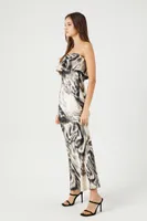 Women's Satin Abstract Strapless Maxi Dress in Tan Medium