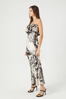 Women's Satin Abstract Strapless Maxi Dress in Tan Small