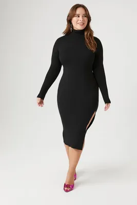 Women's Turtleneck Midi Sweater Dress in Black, 0X