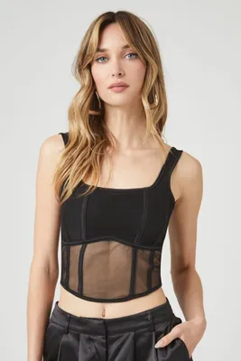 Women's Sheer Mesh Bustier Cropped Tank Top in Black Large