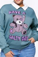 Women's Teddy Bear Graphic Combo Pullover in Blue, 1X