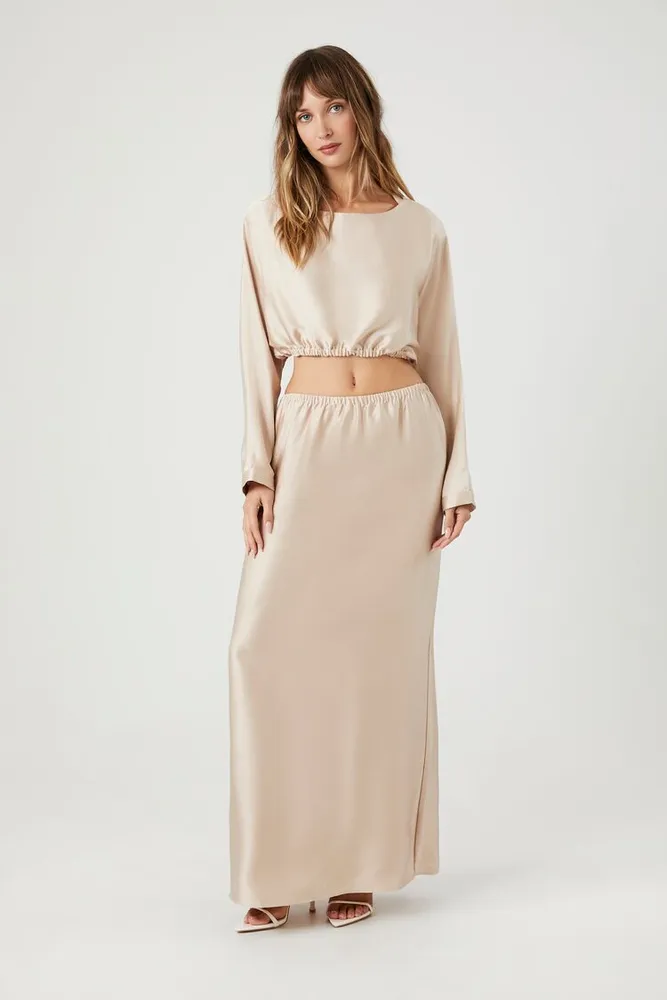 Women's Satin Crop Top & Maxi Skirt Set in Champagne Small