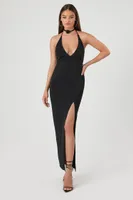 Women's Cutout Halter Slit Midi Dress in Black Small