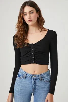 Women's Ruched Rib-Knit Crop Top Black