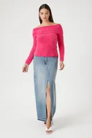 Women's Fuzzy Knit Off-the-Shoulder Sweater in Fuchsia Large