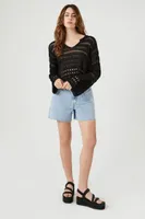 Women's Cropped Open-Knit Sweater in Black Small