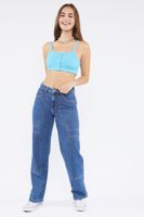 Women's Ribbed Buttoned Cropped Tank Top in Aqua Large