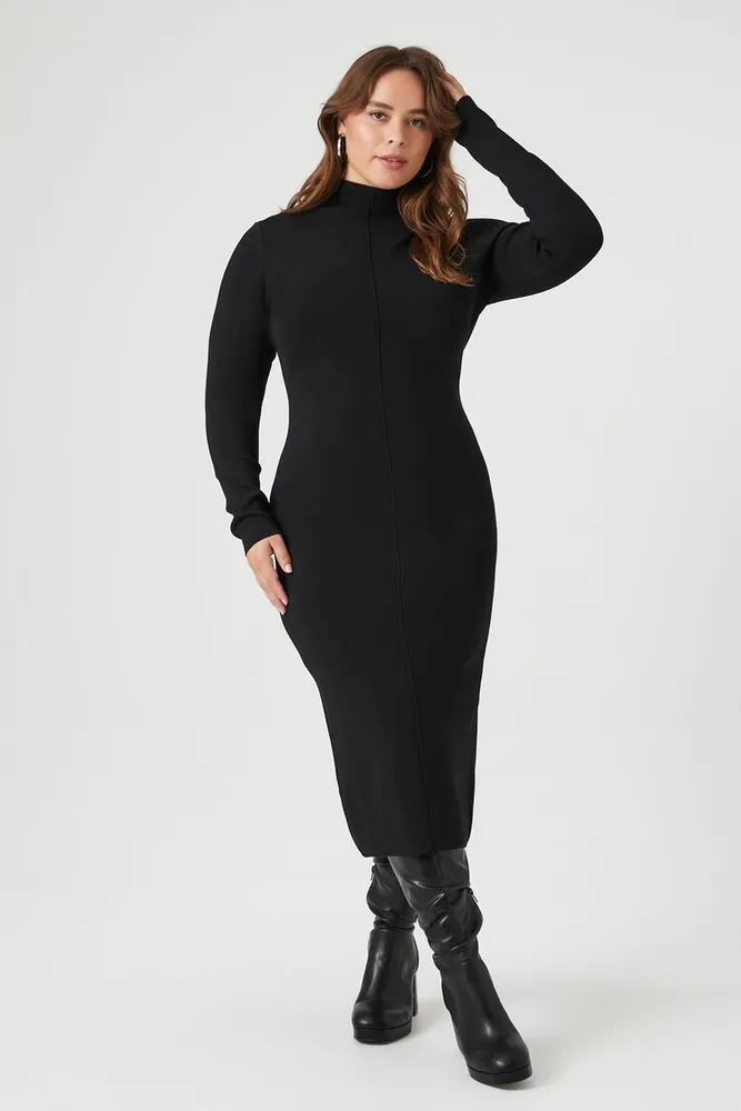 Women's Turtleneck Sweater Dress in Black, 3X