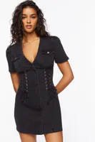 Women's Lace-Up Denim Mini Dress in Black, XS