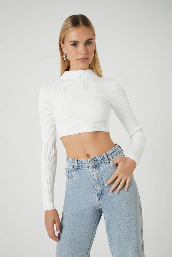 Women's Sweater-Knit Mock Neck Crop Top in White Large