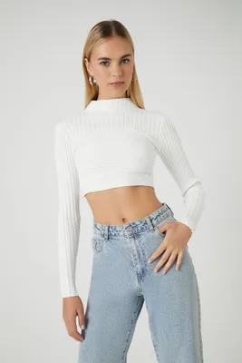 Women's Sweater-Knit Mock Neck Crop Top in White, XL