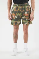 Men Abstract Print Drawstring Shorts in Light Olive, XL