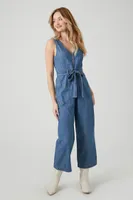 Women's Denim Tie-Front Wide-Leg Jumpsuit in Medium Denim Small