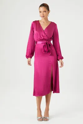 Women's Satin Maxi Wrap Dress in Berry Small