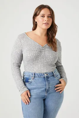 Women's Ruched Ribbed Knit Top in Heather Grey, 1X