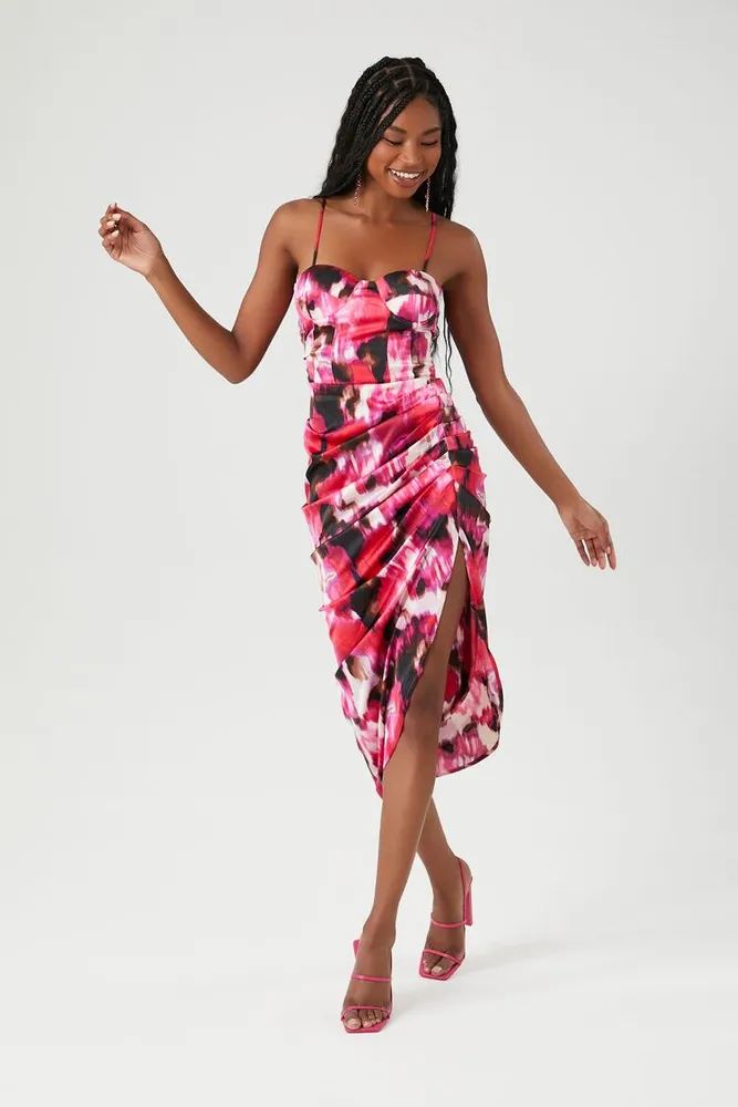 Women's Satin Abstract Print Bustier Midi Dress in Pink Small