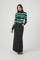 Women's Abstract Striped Turtleneck Sweater Top in Hunter Green/White Large