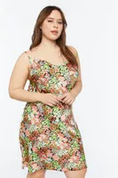 Women's Floral Print Satin Slip Dress in Black, 0X