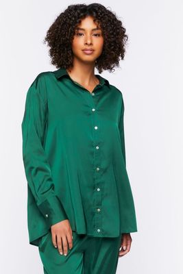 Women's Satin Pajama Shirt in Dark Green Small