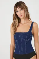 Women's Denim Square-Neck Bustier Bodysuit in Dark Denim Small