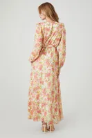 Women's Floral Print Chiffon Maxi Dress in Ivory/Pink Small