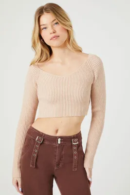 Women's Cropped Rib-Knit Sweater in Tan, XL