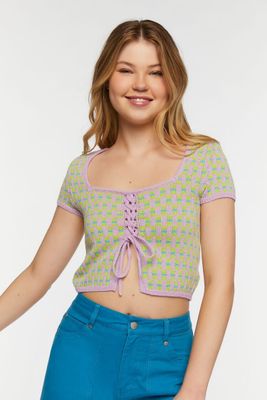 Women's Lace-Up Sweater-Knit Crop Top in Purple Small