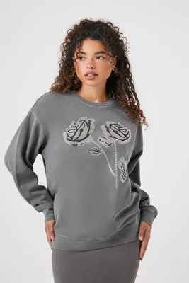 Women's Fleece Rose Graphic Pullover in Charcoal Medium