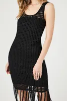 Women's Crochet Sweater-Knit Fringe Dress in Black Medium