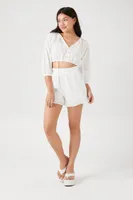 Women's Peasant-Sleeve Crop Top & Shorts Set White