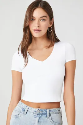Women's Fitted V-Neck Cropped T-Shirt in White, XL