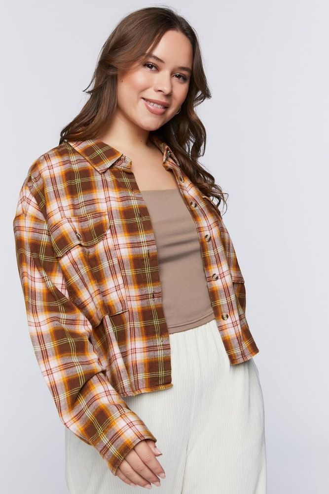 Women's Plaid Drop-Sleeve Shirt in Turkish Coffee/Pink, 0X