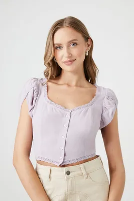 Women's Tulip-Sleeve Lace-Trim Crop Top in Purple Large