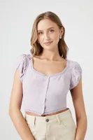 Women's Tulip-Sleeve Lace-Trim Crop Top Purple