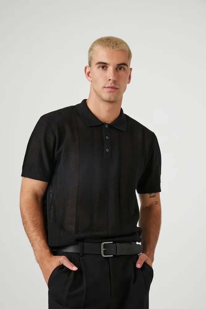 Men Ribbed Textured Polo Shirt in Black Medium