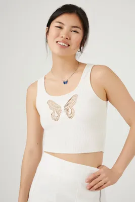 Women's Ribbed Knit Butterfly Tank Top Cream